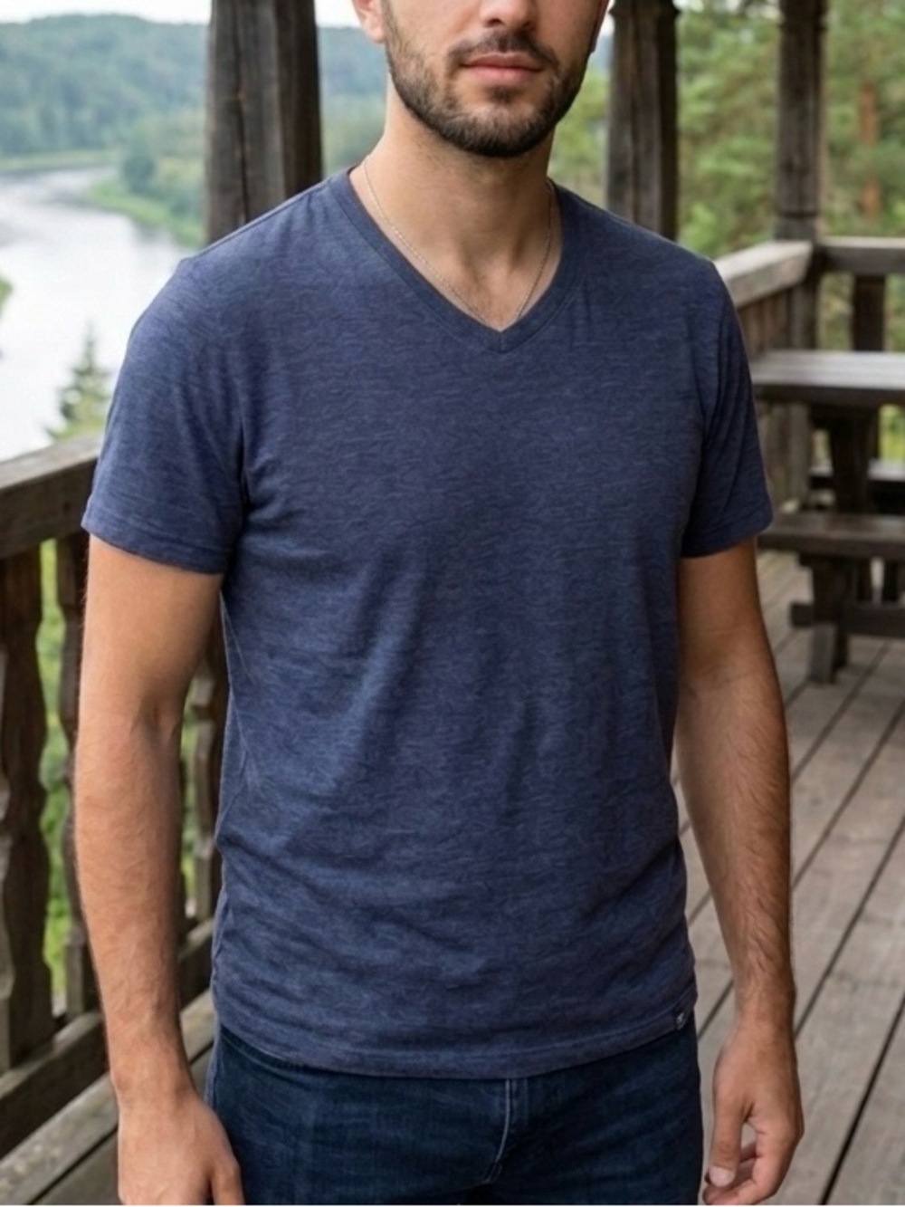 Mens One Day Away Blue V-Neck T-Shirt | Size Medium | Pima Cotton Blend